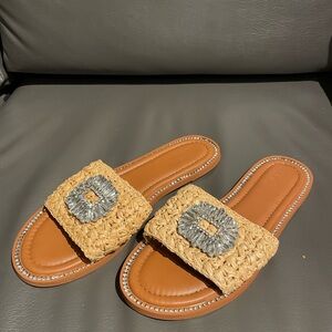 Women's Tan and Silver Slide Sandals